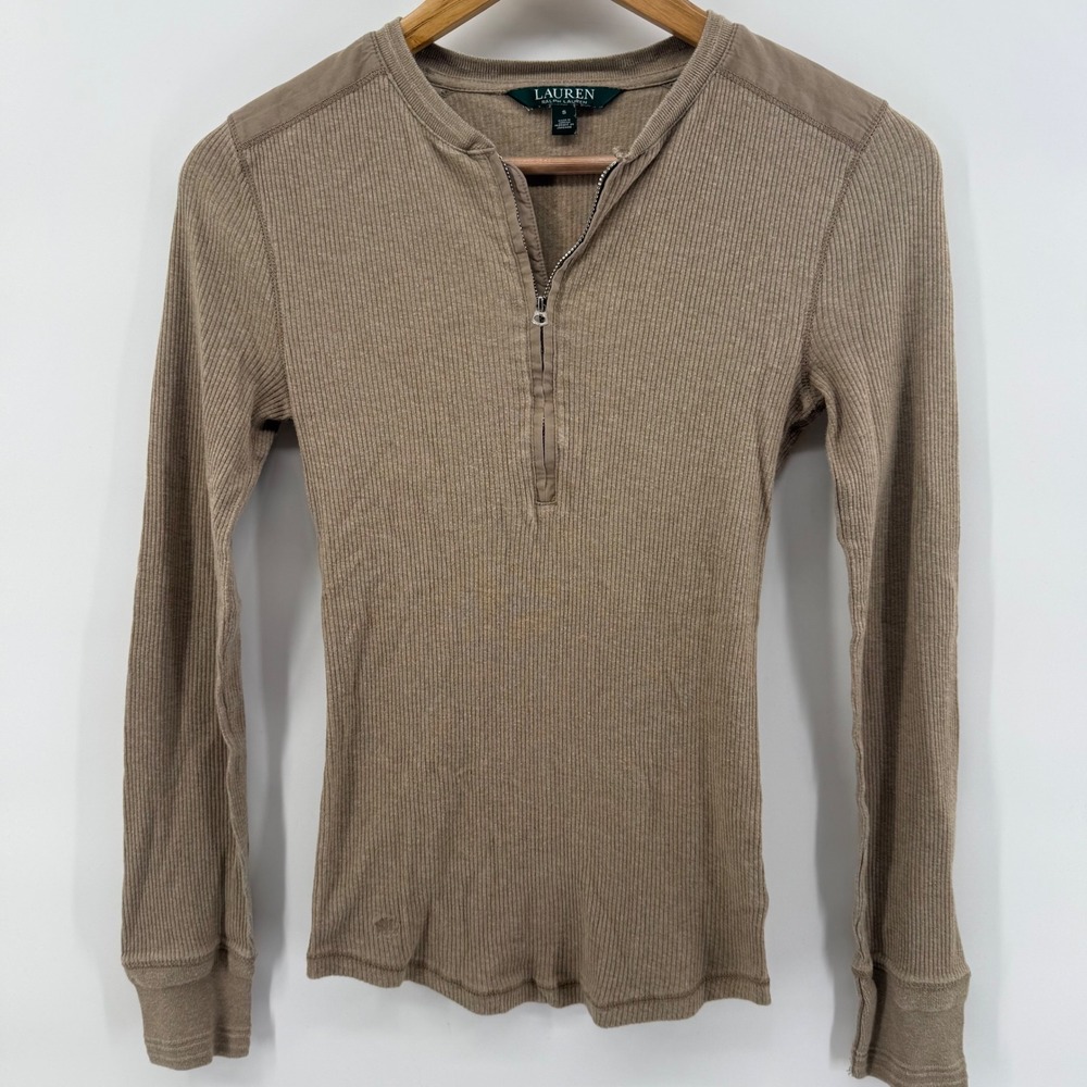 Lauren Ralph Lauren Womens Tan Ribbed Thermal Quarter Zip Long Sleeve Top Small